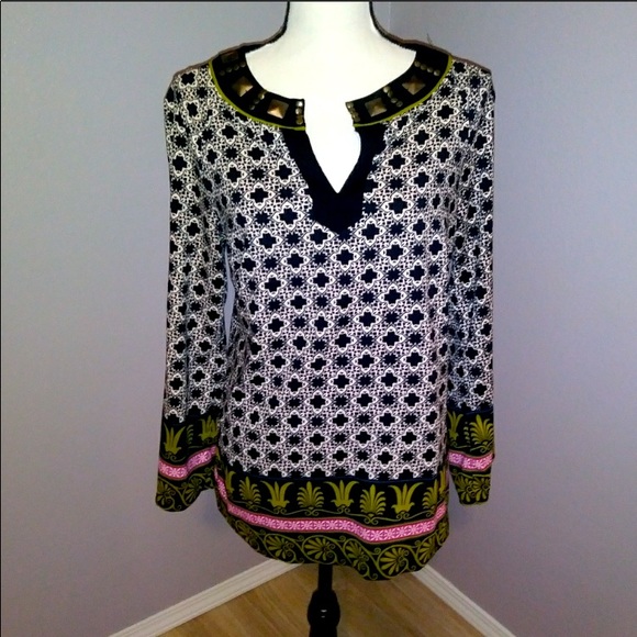 Nicole by Nicole Miller riveted Aztec pattern long sleeve blouse - Picture 1 of 4